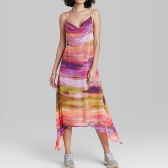 Target Dresses & Skirts - Target Pink Orange Purple Watercolor Asymmetrical Slip Dress
